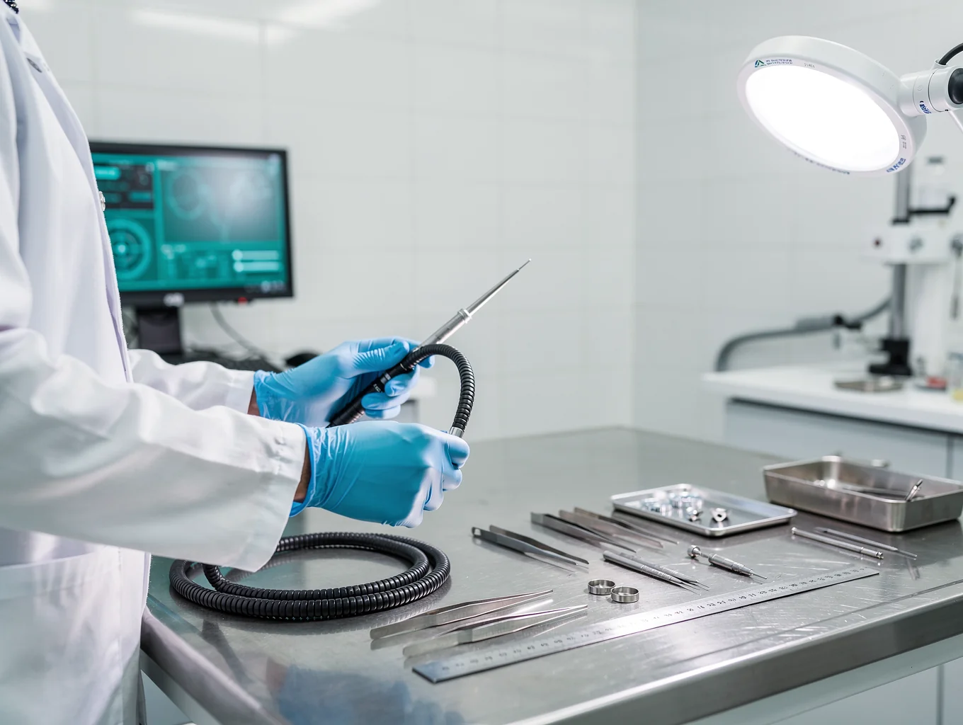 Doctor using handheld digital endoscopy device with integrated AI lesion detection for real-time clinical diagnosis