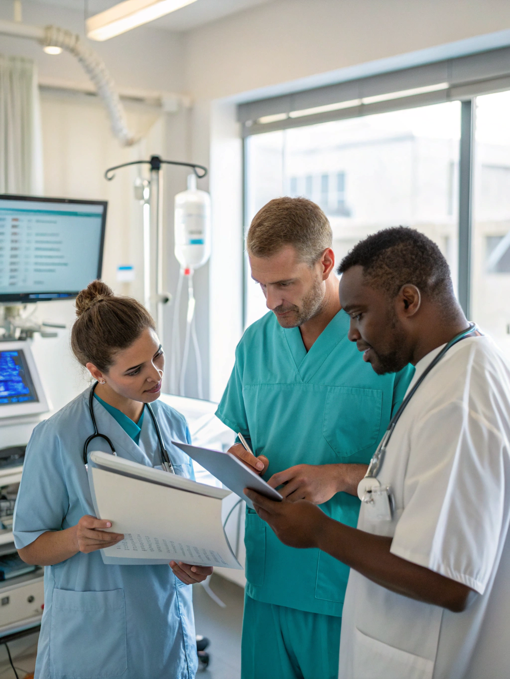 Medical professionals reviewing clinical device data