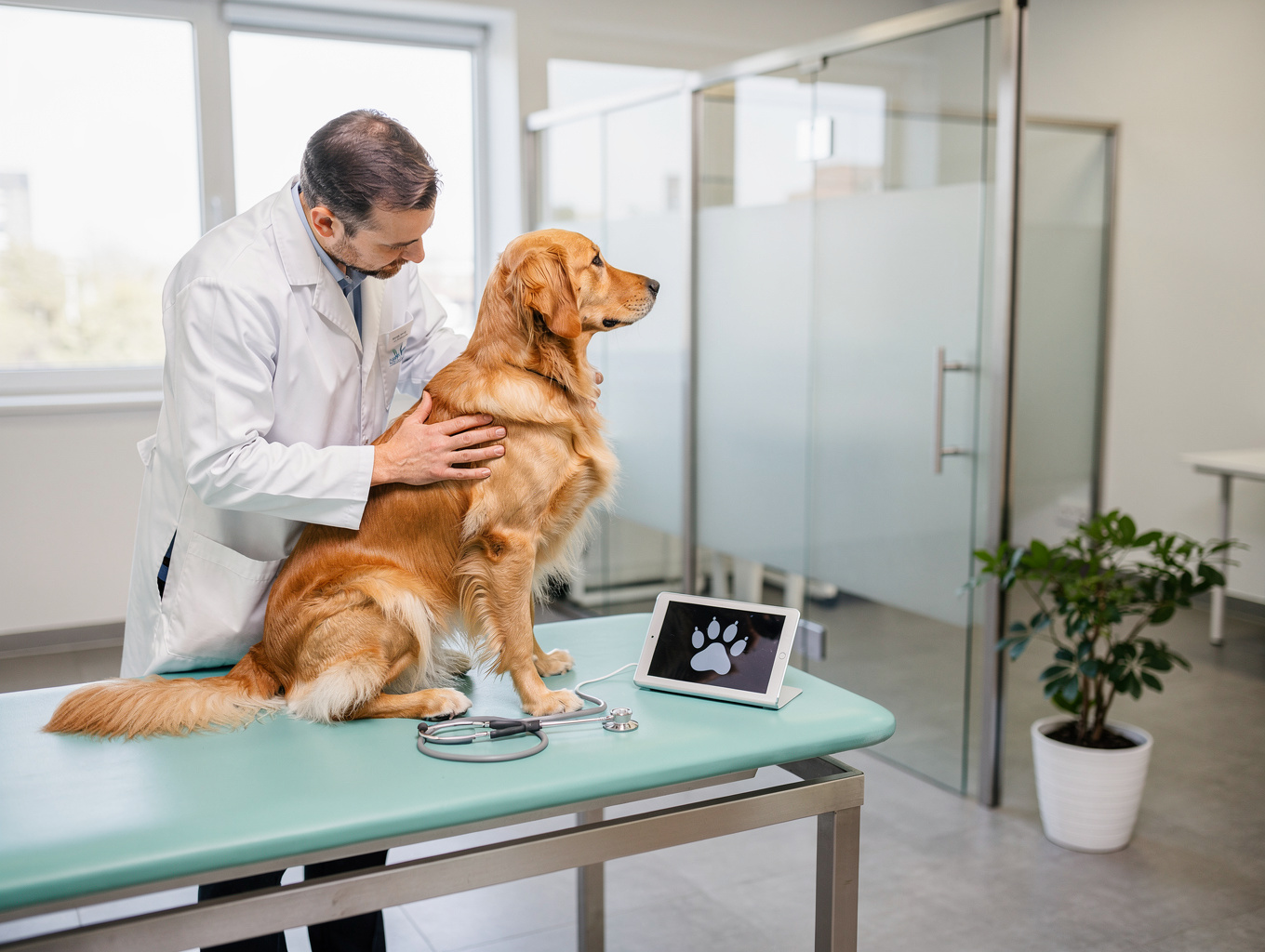 Veterinarians examining a dog in a clinic