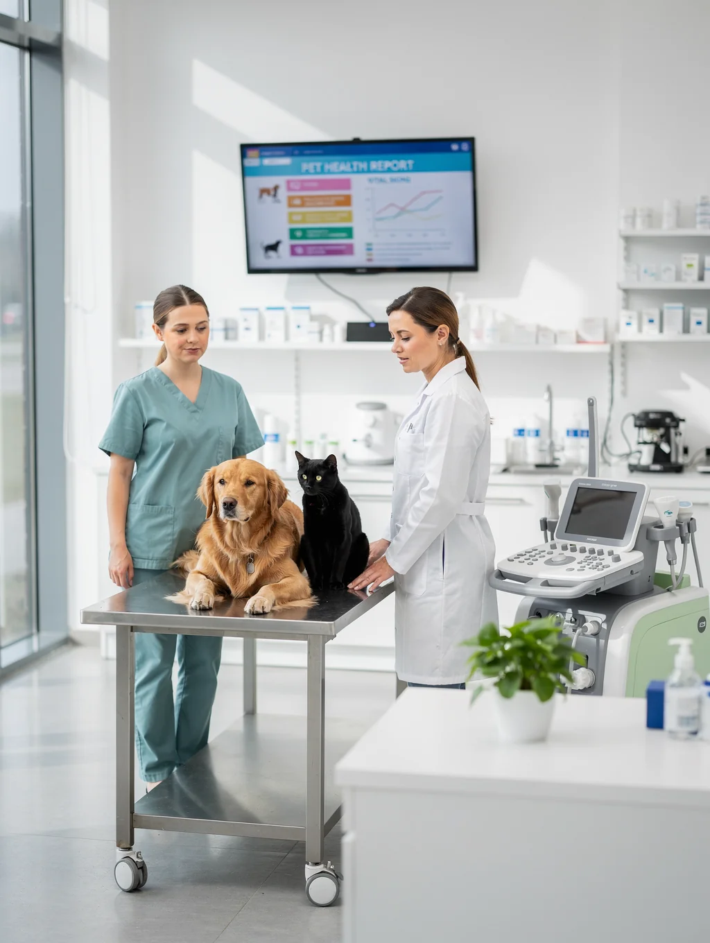 Professional veterinary diagnostic examination of a pet using advanced clinical equipment